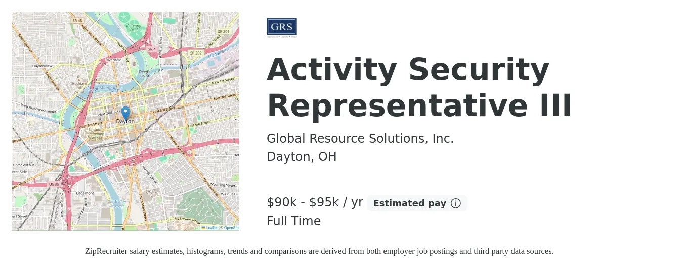 Global Resource Solutions, Inc. job posting for a Activity Security Representative III in Dayton, OH with a salary of $90,000 to $95,000 Yearly with a map of Dayton location.
