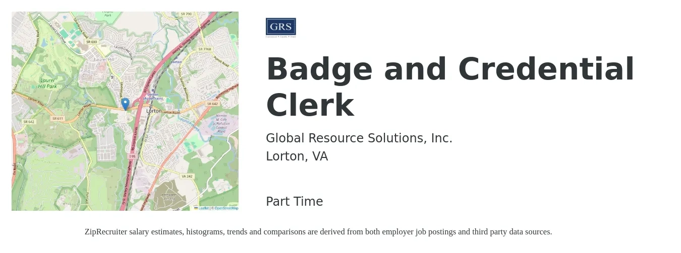 Global Resource Solutions, Inc. job posting for a Badge and Credential Clerk in Lorton, VA with a salary of $16 to $20 Hourly with a map of Lorton location.
