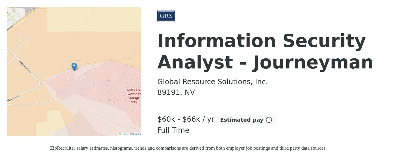 Global Resource Solutions, Inc. job posting for a Information Security Analyst - Journeyman in 89191, NV with a salary of $60,000 to $66,000 Yearly with a map of 89191 location.