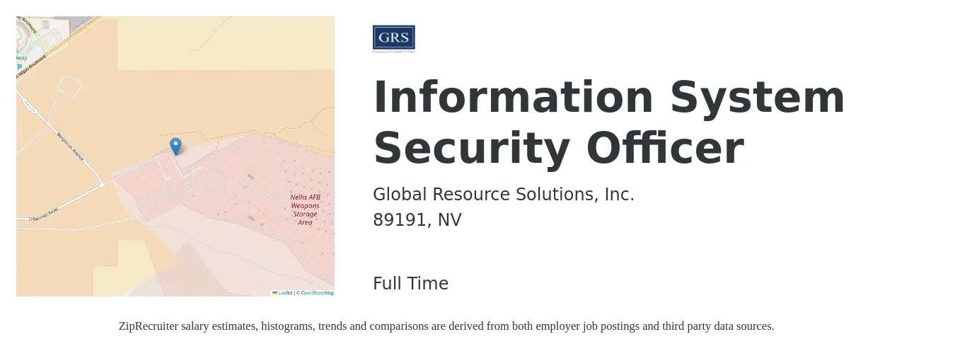 Global Resource Solutions, Inc. job posting for a Information System Security Officer in 89191, NV with a salary of $90,000 to $130,700 Yearly with a map of 89191 location.