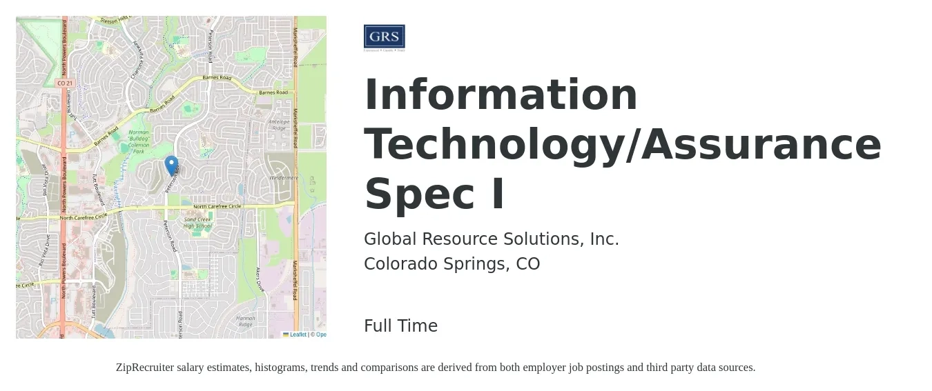 Global Resource Solutions, Inc. job posting for a Information Technology/Assurance Spec I in Colorado Springs, CO with a salary of $108,300 to $108,700 Yearly with a map of Colorado Springs location.