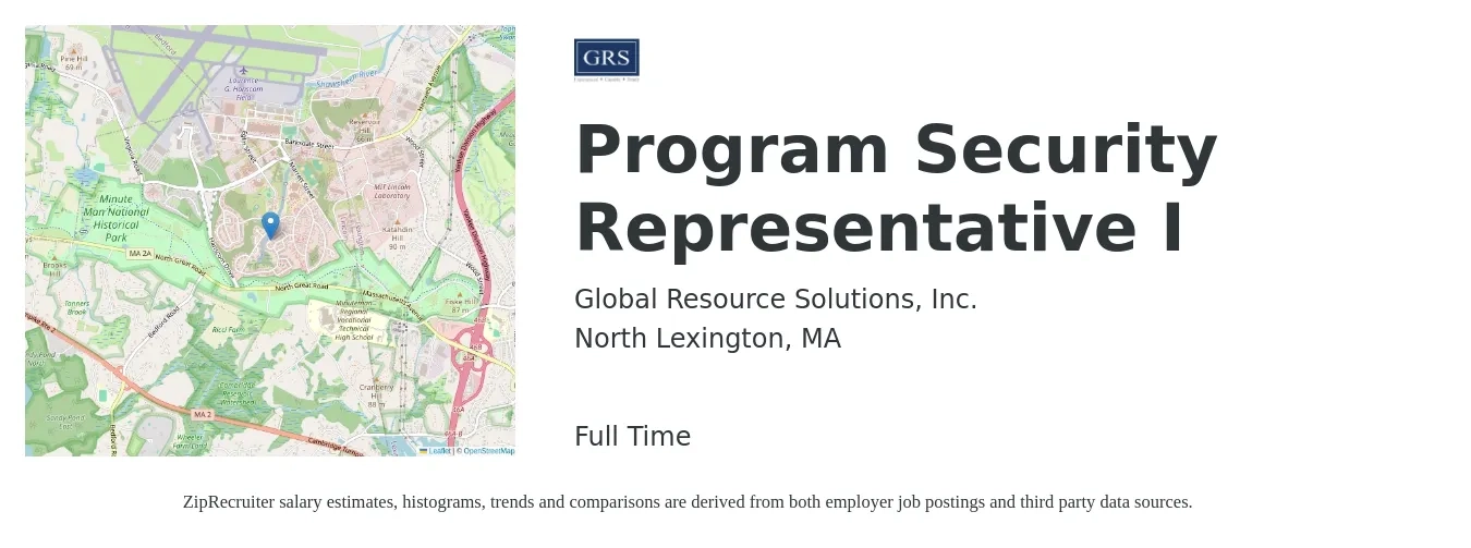 Global Resource Solutions, Inc. job posting for a Program Security Representative I in North Lexington, MA with a salary of $19 to $22 Hourly with a map of North Lexington location.