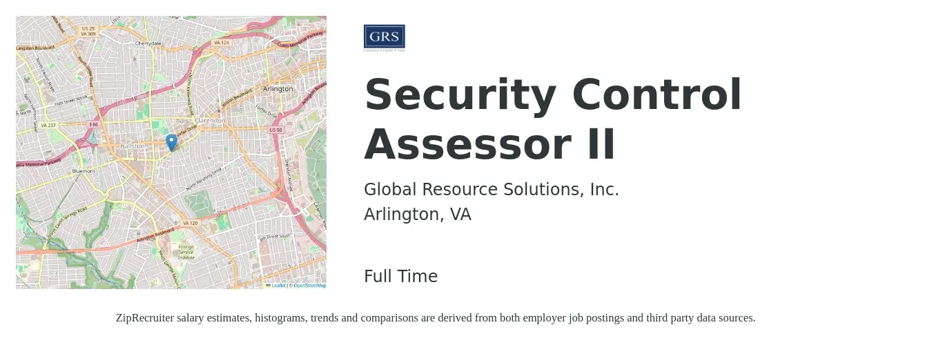 Global Resource Solutions, Inc. job posting for a Security Control Assessor II in Arlington, VA with a salary of $60 to $81 Hourly with a map of Arlington location.