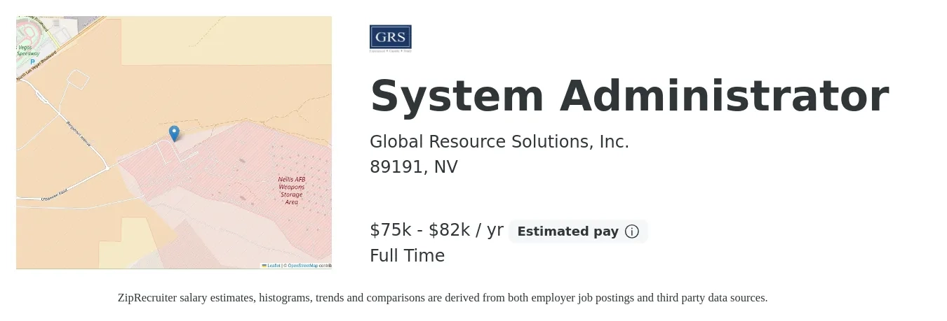 Global Resource Solutions, Inc. job posting for a System Administrator in 89191, NV with a salary of $75,000 to $82,500 Yearly with a map of 89191 location.