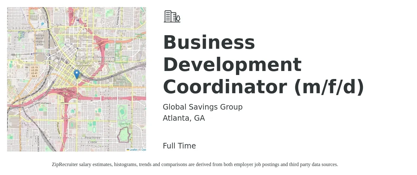Global Savings Group job posting for a Business Development Coordinator (m/f/d) in Atlanta, GA with a salary of $41,400 to $63,500 Yearly with a map of Atlanta location.