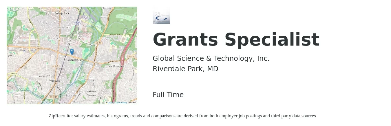 Global Science & Technology, Inc. job posting for a Grants Specialist in Riverdale Park, MD with a salary of $57,300 to $98,900 Yearly with a map of Riverdale Park location.