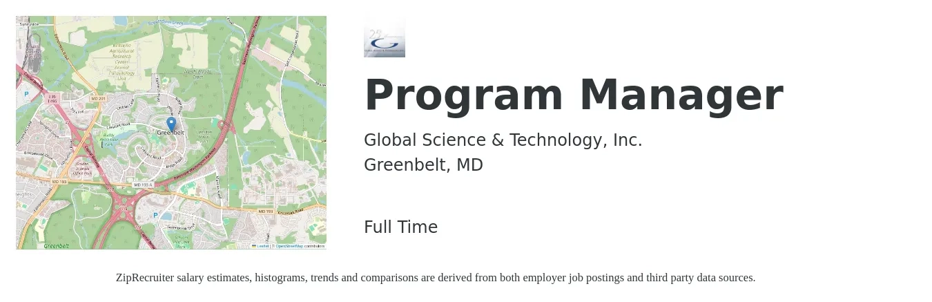 Global Science & Technology, Inc. job posting for a Program Manager in Greenbelt, MD with a salary of $80,500 to $134,200 Yearly with a map of Greenbelt location.