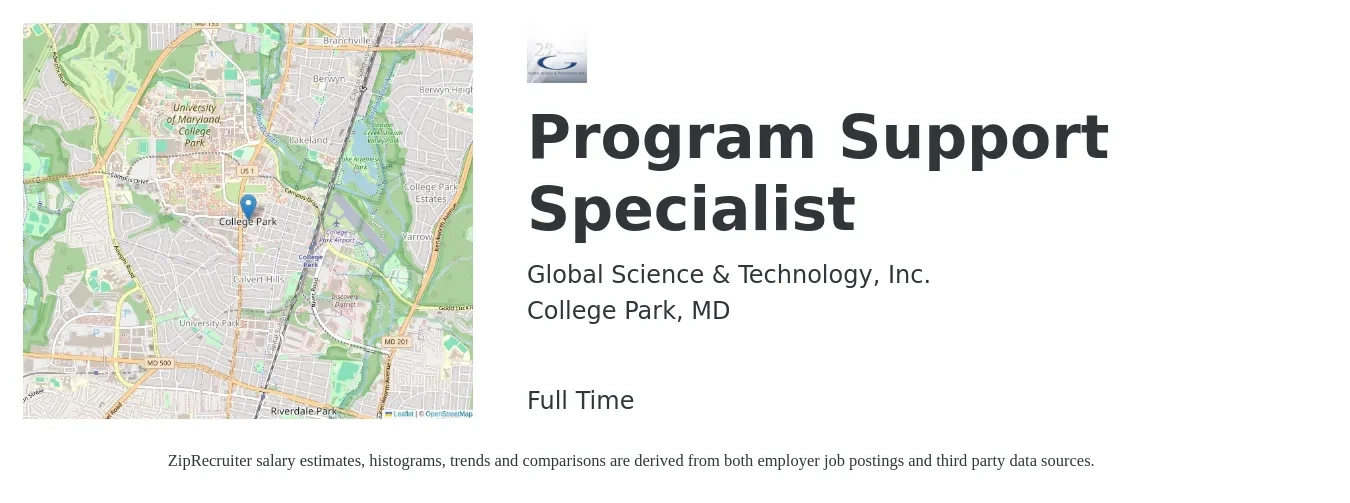 Global Science & Technology, Inc. job posting for a Program Support Specialist in College Park, MD with a salary of $47,400 to $87,600 Yearly with a map of College Park location.