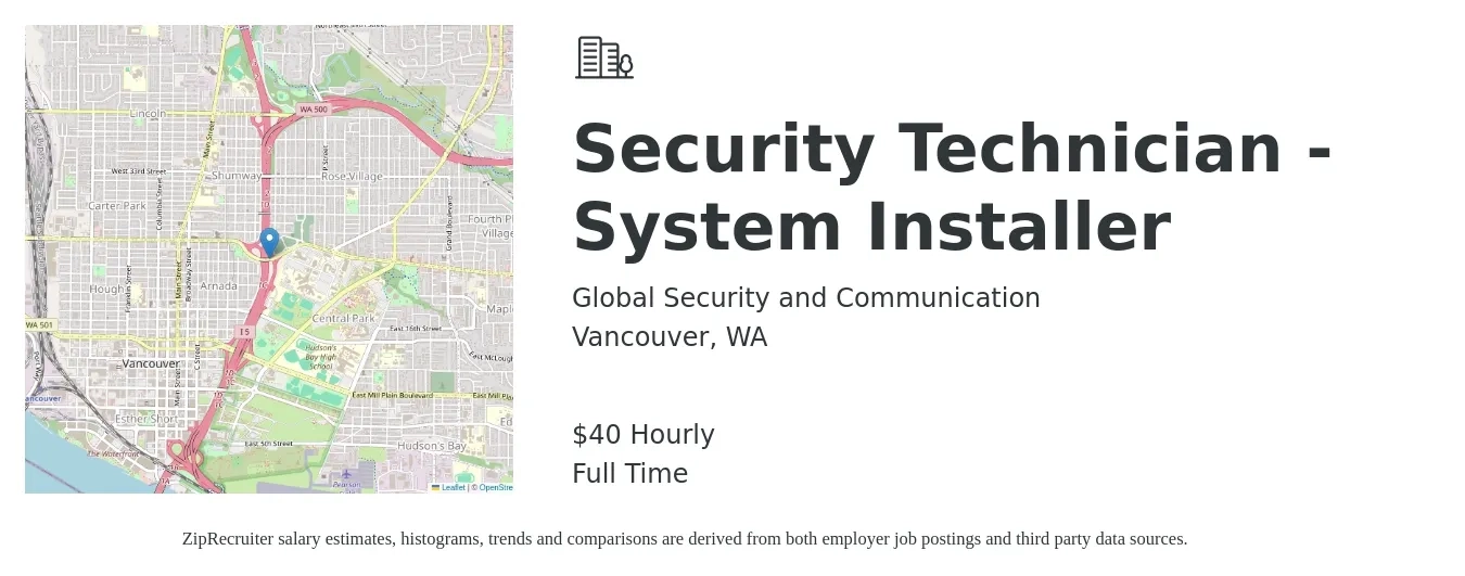 Global Security and Communication job posting for a Security Technician - System Installer in Vancouver, WA with a salary of $42 Hourly with a map of Vancouver location.