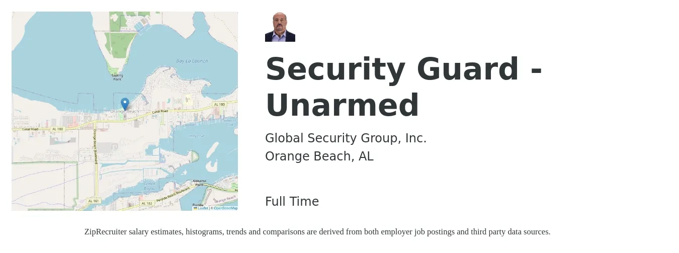 Global Security Group, Inc. job posting for a Security Guard - Unarmed in Orange Beach, AL with a salary of $12 to $14 Hourly with a map of Orange Beach location.