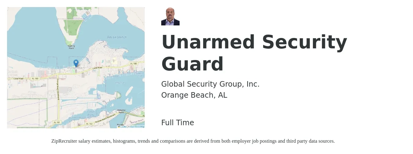 Global Security Group, Inc. job posting for a Unarmed Security Guard in Orange Beach, AL with a salary of $12 to $14 Hourly and benefits including dental, and medical with a map of Orange Beach location.