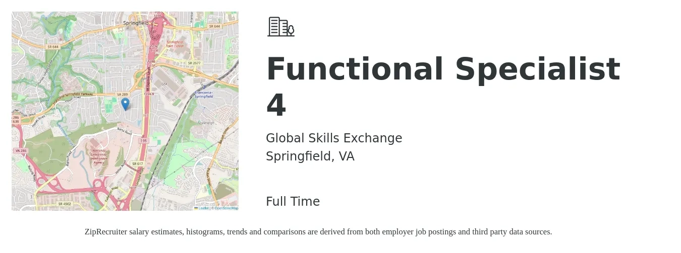 Global Skills Exchange job posting for a Functional Specialist 4 in Springfield, VA with a salary of $110,000 to $120,000 Yearly with a map of Springfield location.