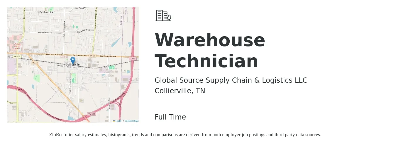 Global Source Supply Chain & Logistics LLC job posting for a Warehouse Technician in Collierville, TN with a salary of $15 to $18 Hourly with a map of Collierville location.