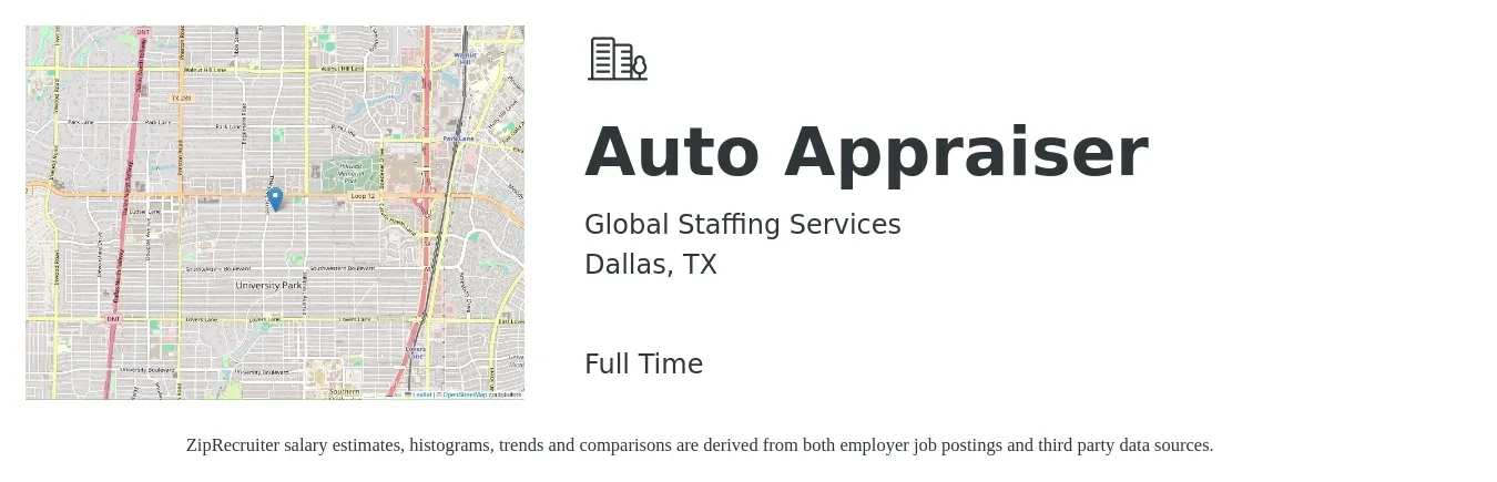 Global Staffing Services job posting for a Auto Appraiser in Dallas, TX with a salary of $52,400 to $69,900 Yearly with a map of Dallas location.