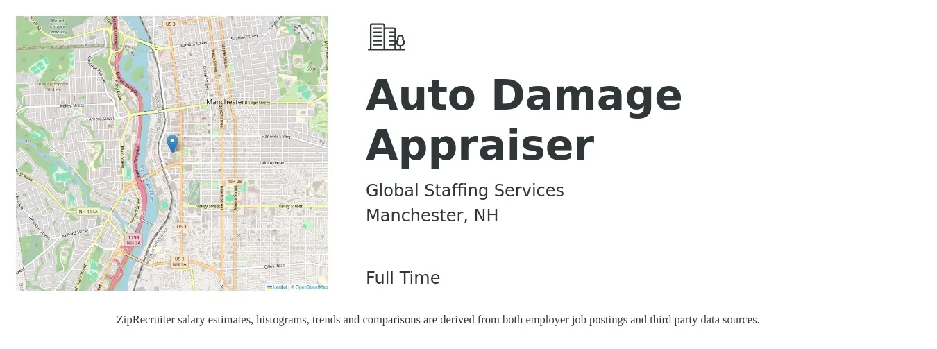 Global Staffing Services job posting for a Auto Damage Appraiser in Manchester, NH with a salary of $56,800 to $75,700 Yearly with a map of Manchester location.