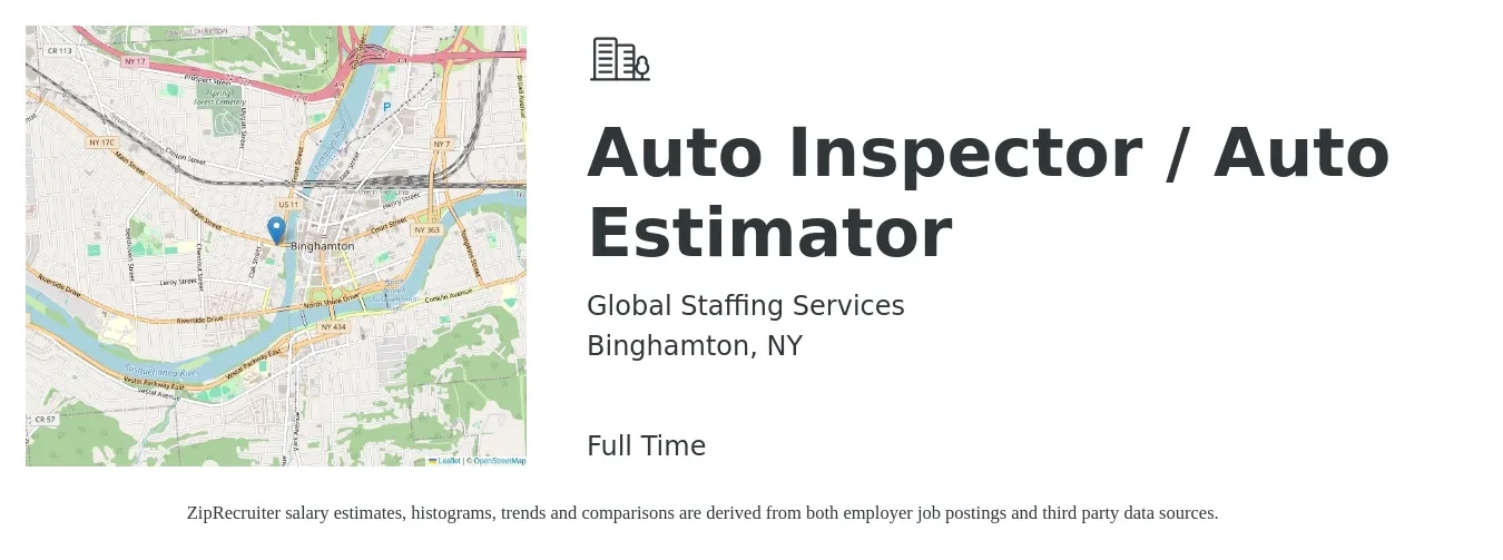 Global Staffing Services job posting for a Auto Inspector / Auto Estimator in Binghamton, NY with a salary of $40 Hourly with a map of Binghamton location.