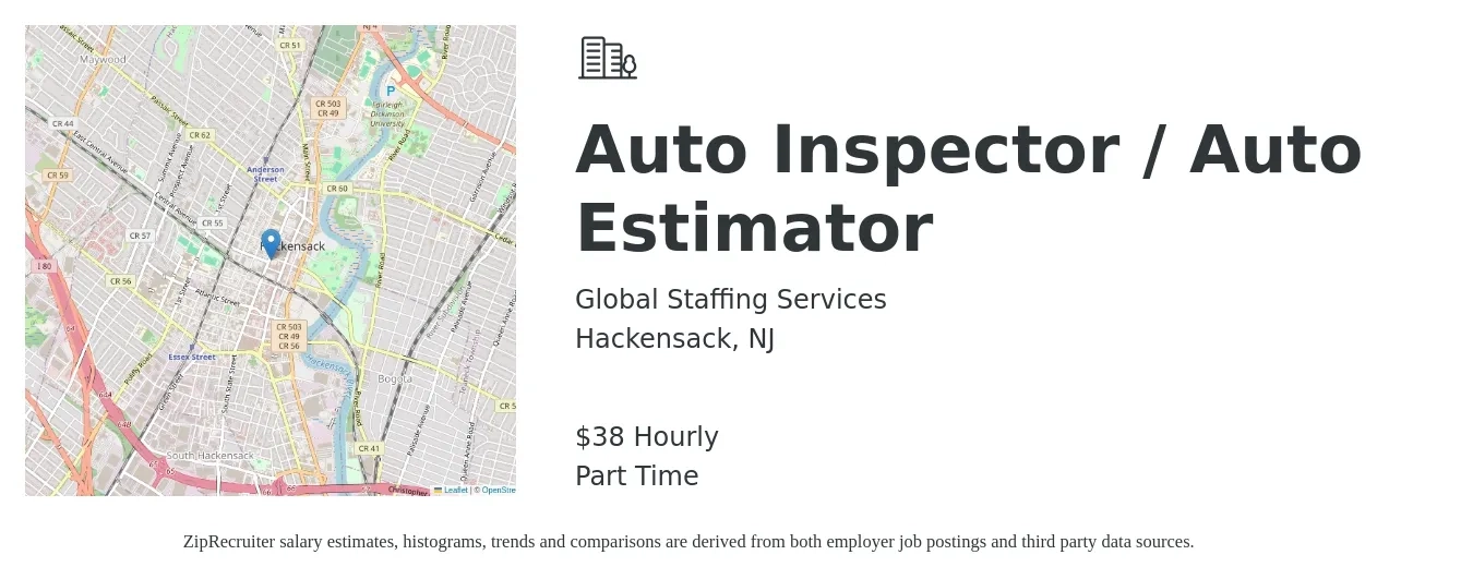Global staffing Services job posting for a Auto Inspector / Auto Estimator in Hackensack, NJ with a salary of $40 Hourly with a map of Hackensack location.