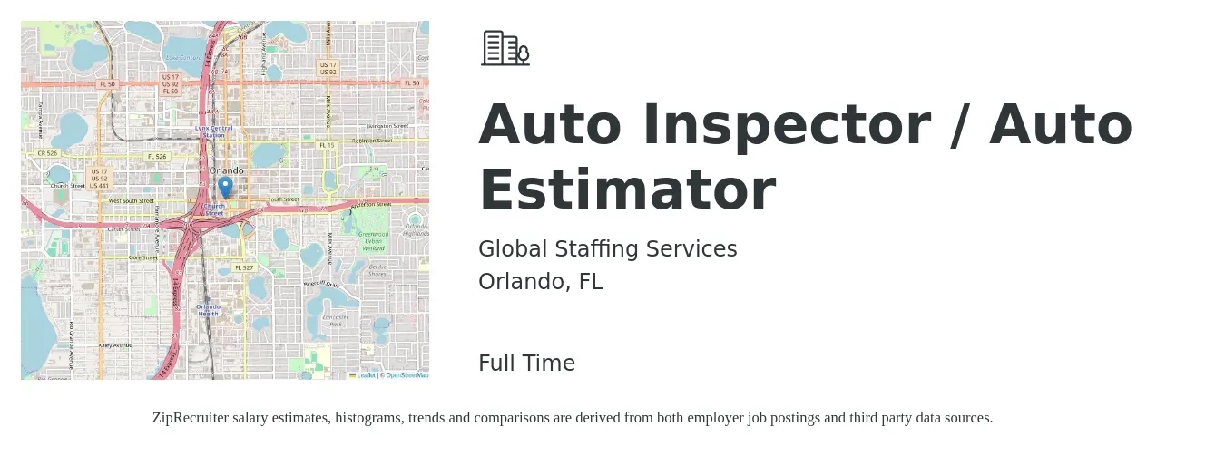 Global Staffing Services job posting for a Auto Inspector / Auto Estimator in Orlando, FL with a salary of $40 Hourly with a map of Orlando location.