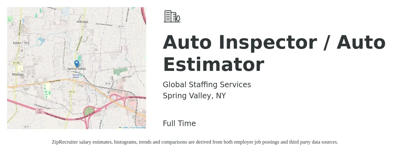 Global Staffing Services job posting for a Auto Inspector / Auto Estimator in Spring Valley, NY with a salary of $40 Hourly with a map of Spring Valley location.