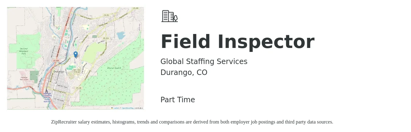 Global Staffing Services job posting for a Field Inspector in Durango, CO with a salary of $1,500 Monthly with a map of Durango location.