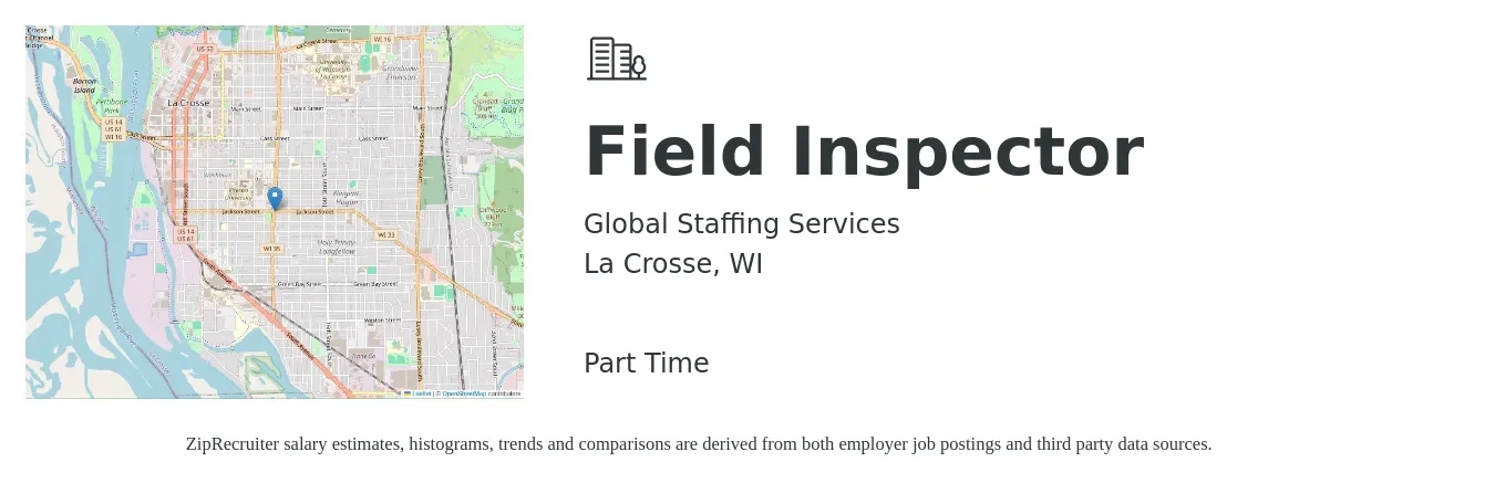 Global Staffing Services job posting for a Field Inspector in La Crosse, WI with a salary of $1,500 Monthly with a map of La Crosse location.