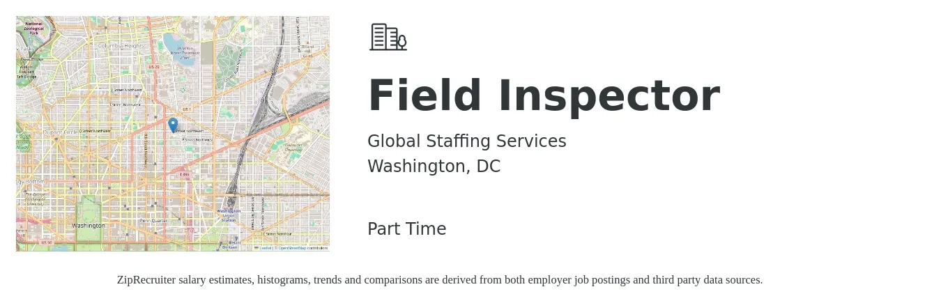 Global Staffing Services job posting for a Field Inspector in Washington, DC with a salary of $1,500 Monthly with a map of Washington location.