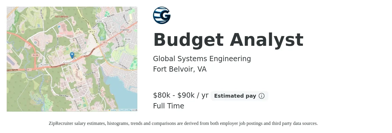 Global Systems Engineering job posting for a Budget Analyst in Fort Belvoir, VA with a salary of $80,000 to $90,000 Yearly with a map of Fort Belvoir location.