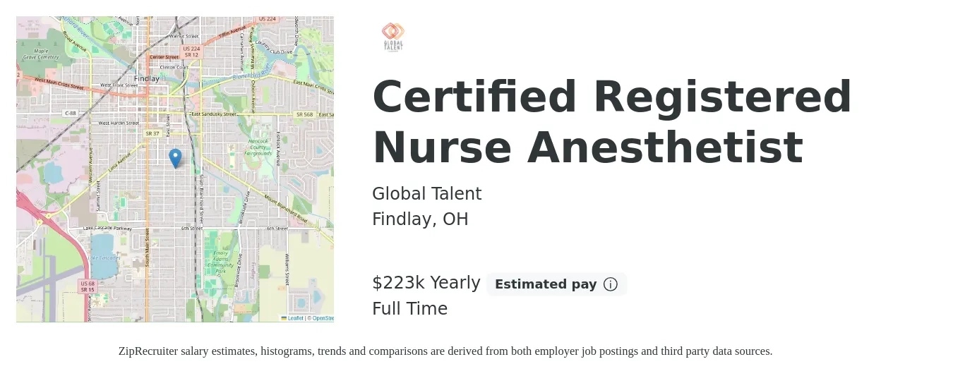 Global Talent job posting for a Certified Registered Nurse Anesthetist in Findlay, OH with a salary of $90 to $164 Hourly with a map of Findlay location.