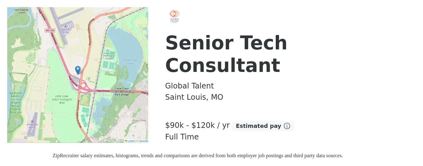 Global Talent job posting for a Senior Tech Consultant in Saint Louis, MO with a salary of $85,100 to $134,200 Yearly with a map of Saint Louis location.