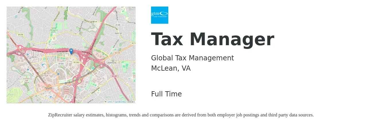 Global Tax Management job posting for a Tax Manager in McLean, VA with a salary of $112,200 to $147,100 Yearly with a map of McLean location.