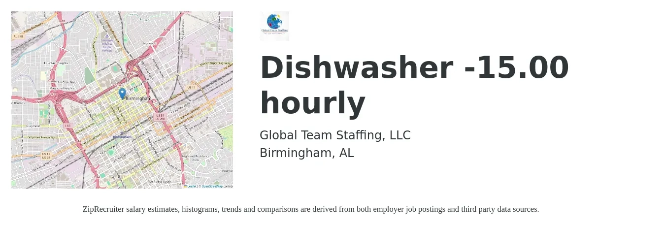 Global Team Staffing, LLC job posting for a Dishwasher -15.00 hourly in Birmingham, AL with a salary of $12 to $16 Hourly with a map of Birmingham location.