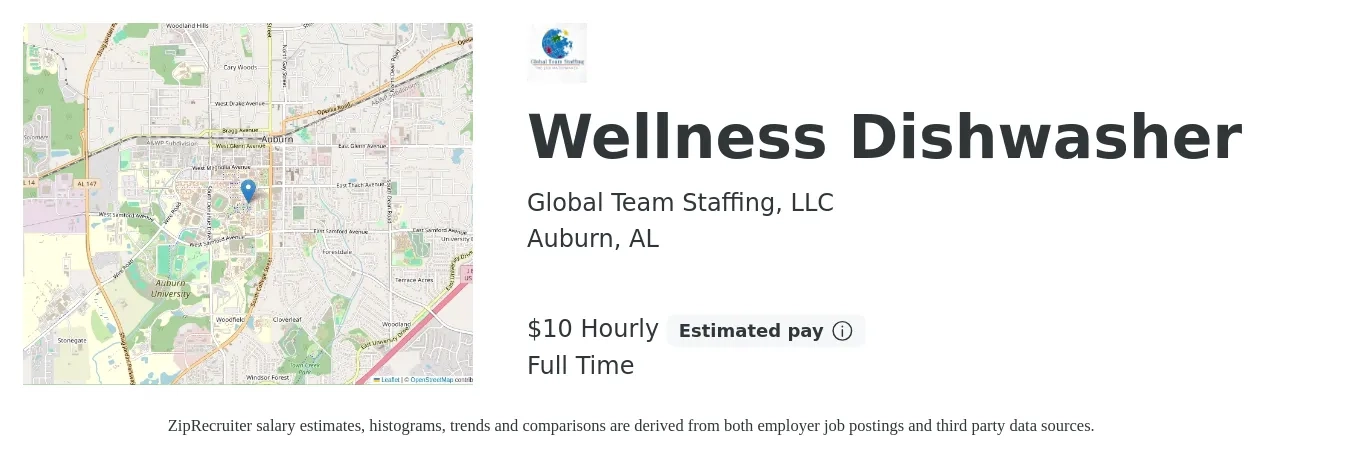 Global Team Staffing, LLC job posting for a Wellness Dishwasher in Auburn, AL with a salary of $11 Hourly with a map of Auburn location.