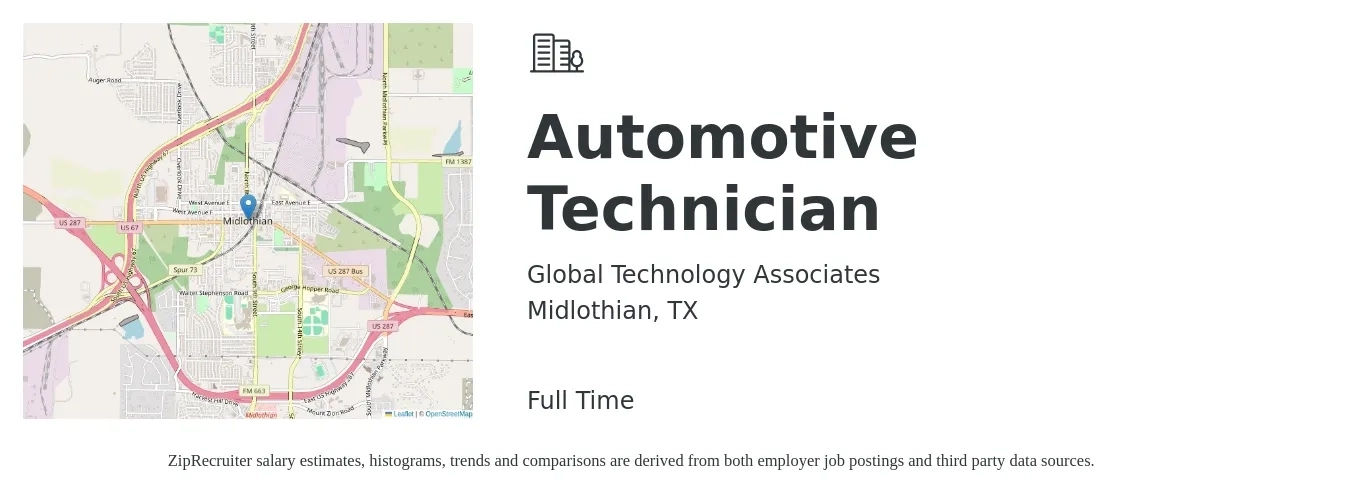 Global Technology Associates job posting for a Automotive Technician in Midlothian, TX with a salary of $20 to $32 Hourly with a map of Midlothian location.