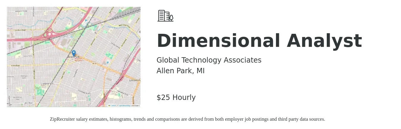 Global Technology Associates job posting for a Dimensional Analyst in Allen Park, MI with a salary of $26 Hourly with a map of Allen Park location.