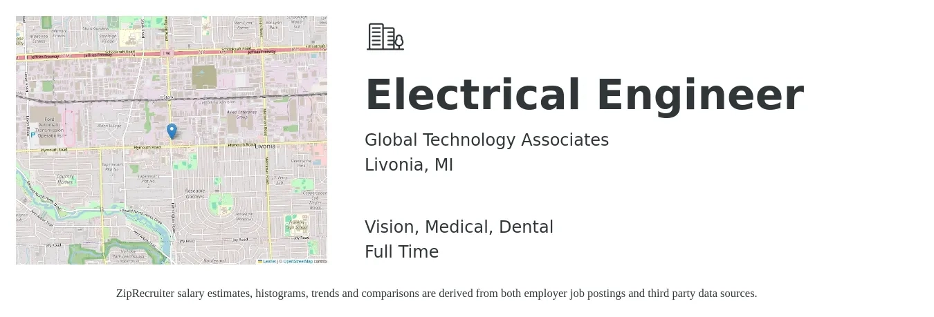 Global Technology Associates job posting for a Electrical Engineer in Livonia, MI with a salary of $50 Hourly and benefits including medical, vision, and dental with a map of Livonia location.