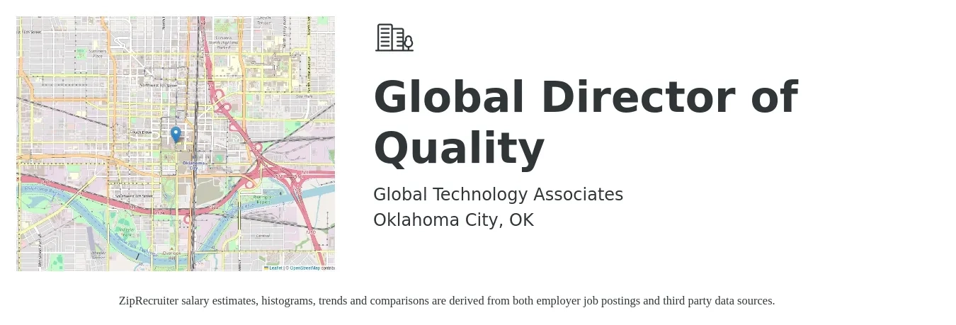 Global Technology Associates job posting for a Global Director of Quality in Oklahoma City, OK with a salary of $84,500 to $140,300 Yearly and benefits including vision, dental, and medical with a map of Oklahoma City location.