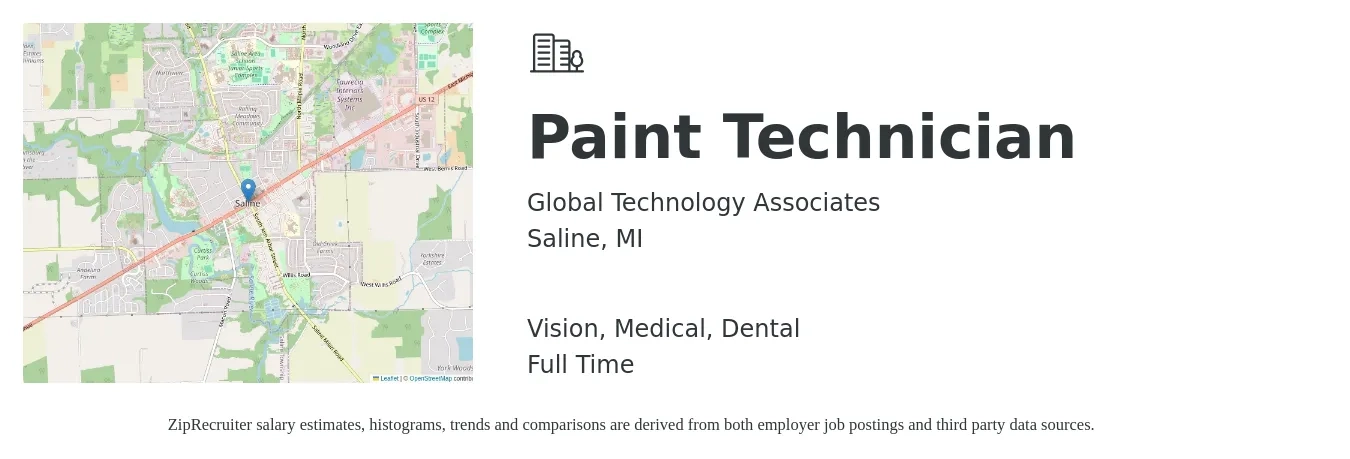 Global Technology Associates job posting for a Paint Technician in Saline, MI with a salary of $22 Hourly and benefits including dental, medical, and vision with a map of Saline location.