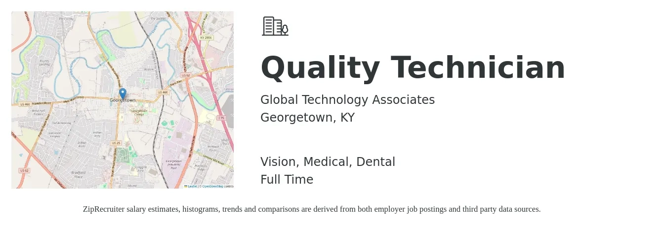 Global Technology Associates job posting for a Quality Technician in Georgetown, KY with a salary of $35 to $39 Hourly and benefits including dental, medical, and vision with a map of Georgetown location.