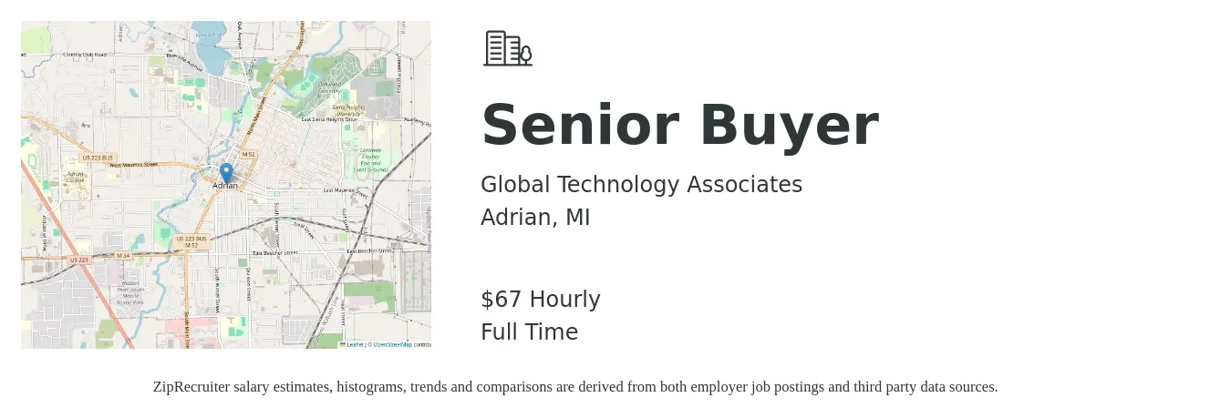 Global Technology Associates job posting for a Senior Buyer in Adrian, MI with a salary of $70 Hourly and benefits including dental, medical, and vision with a map of Adrian location.
