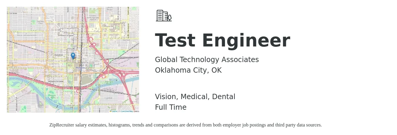 Global Technology Associates job posting for a Test Engineer in Oklahoma City, OK with a salary of $32 to $51 Hourly and benefits including dental, medical, and vision with a map of Oklahoma City location.