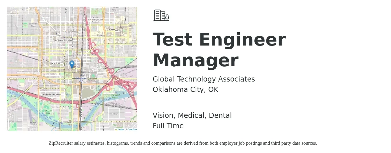 Global Technology Associates job posting for a Test Engineer Manager in Oklahoma City, OK with a salary of $92,900 to $119,400 Yearly and benefits including dental, medical, and vision with a map of Oklahoma City location.