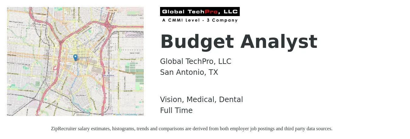 Global TechPro, LLC job posting for a Budget Analyst in San Antonio, TX with a salary of $53,700 to $88,800 Yearly and benefits including dental, life_insurance, medical, retirement, and vision with a map of San Antonio location.