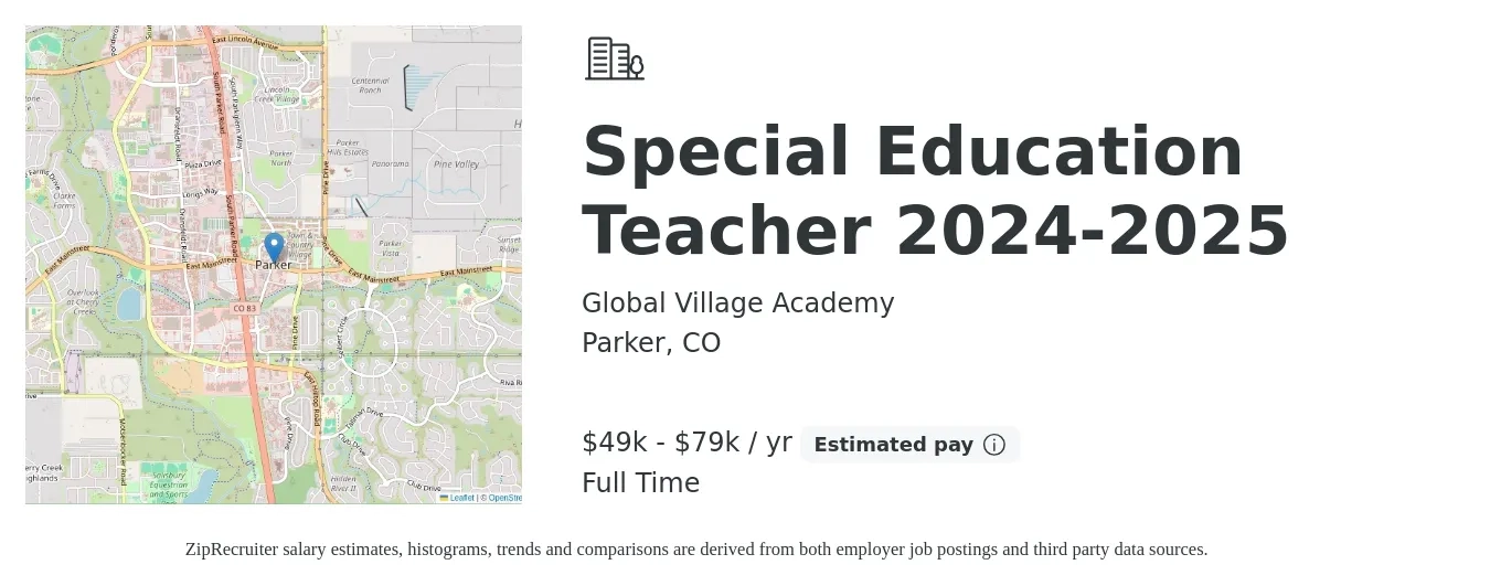 Global Village Academy job posting for a Special Education Teacher 2024-2025 in Parker, CO with a salary of $49,000 to $79,000 Yearly with a map of Parker location.