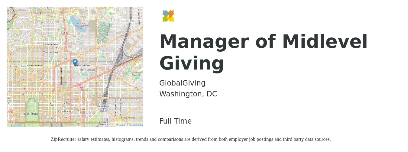 GlobalGiving job posting for a Manager of Midlevel Giving in Washington, DC with a salary of $68,500 to $89,500 Yearly with a map of Washington location.