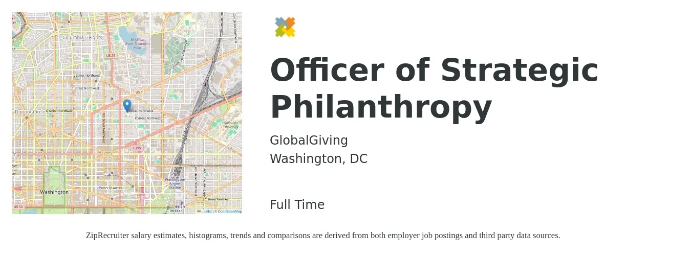 GlobalGiving job posting for a Officer of Strategic Philanthropy in Washington, DC with a salary of $99,600 to $207,800 Yearly with a map of Washington location.