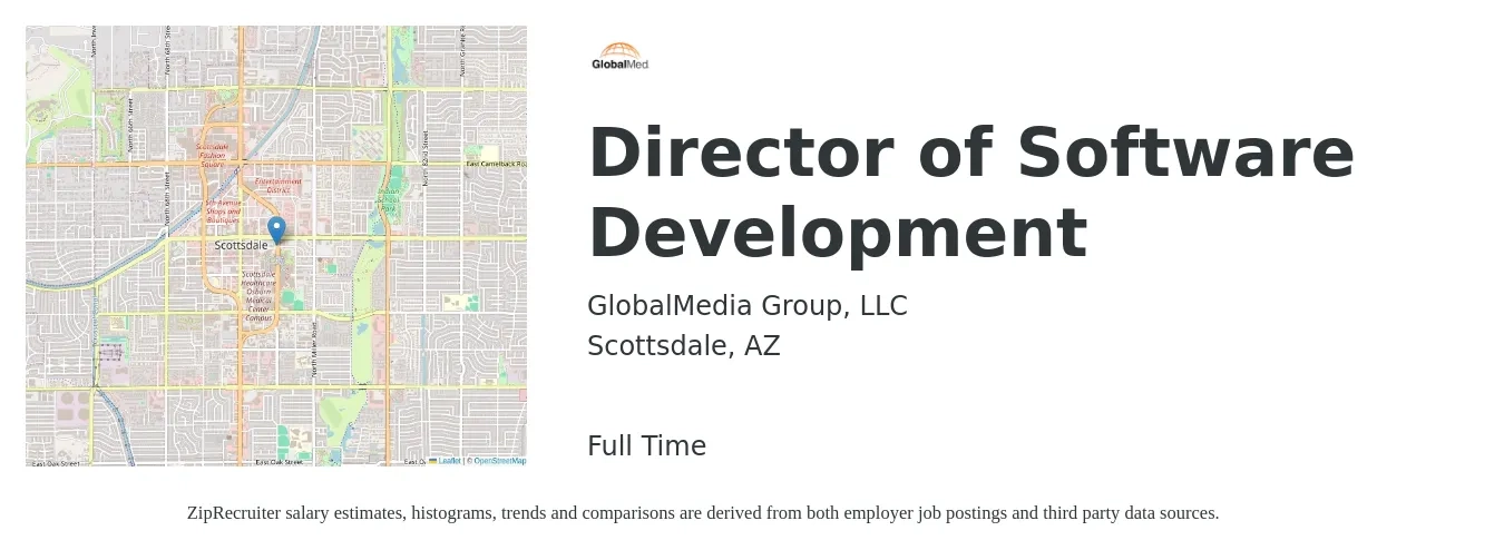 GlobalMedia Group, LLC job posting for a Director of Software Development in Scottsdale, AZ with a salary of $154,600 to $208,700 Yearly with a map of Scottsdale location.