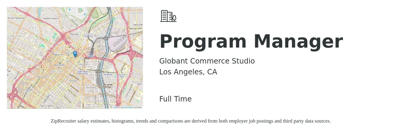 Globant Commerce Studio job posting for a Program Manager in Los Angeles, CA with a salary of $85,700 to $142,800 Yearly with a map of Los Angeles location.