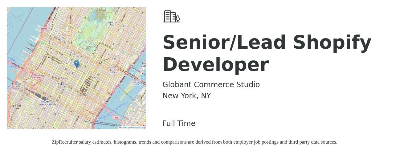Globant Commerce Studio job posting for a Senior/Lead Shopify Developer in New York, NY with a salary of $45 to $80 Hourly with a map of New York location.