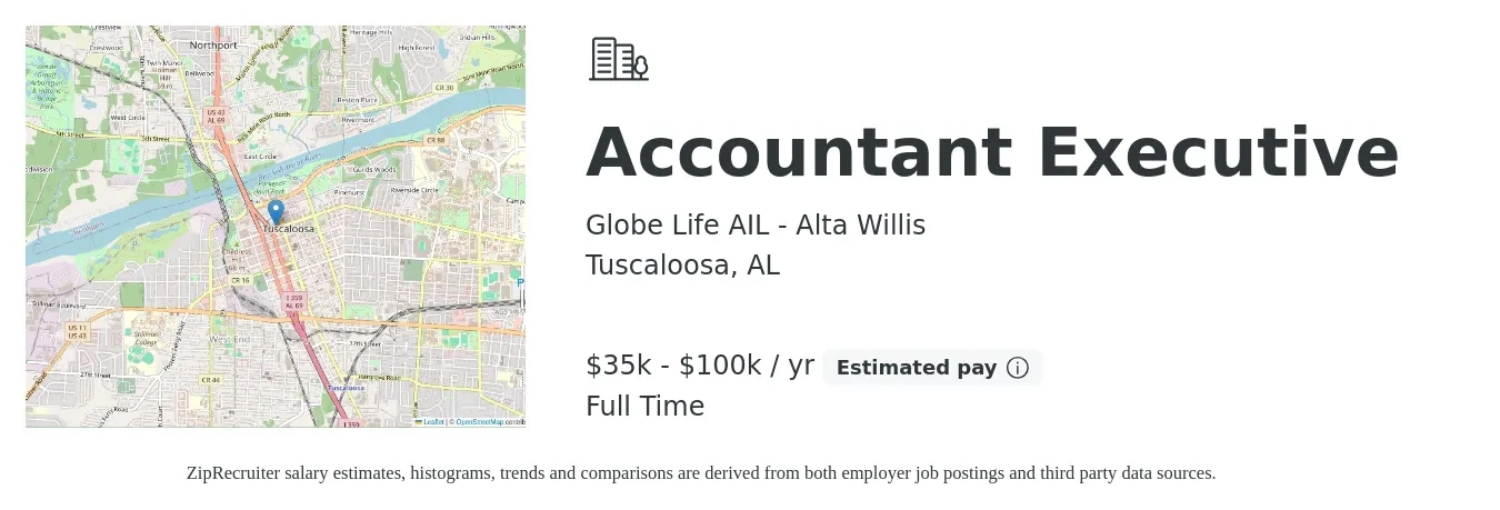 Globe Life AIL - Alta Willis job posting for a Accountant Executive in Tuscaloosa, AL with a salary of $35,000 to $100,000 Yearly with a map of Tuscaloosa location.