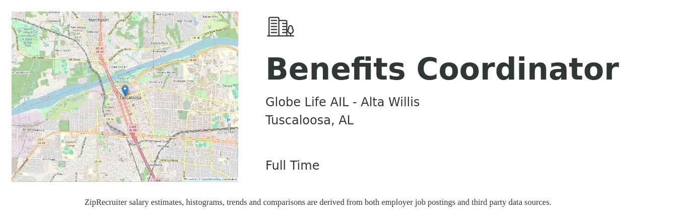 Globe Life AIL - Alta Willis job posting for a Benefits Coordinator in Tuscaloosa, AL with a salary of $46,955 to $80,000 Yearly with a map of Tuscaloosa location.